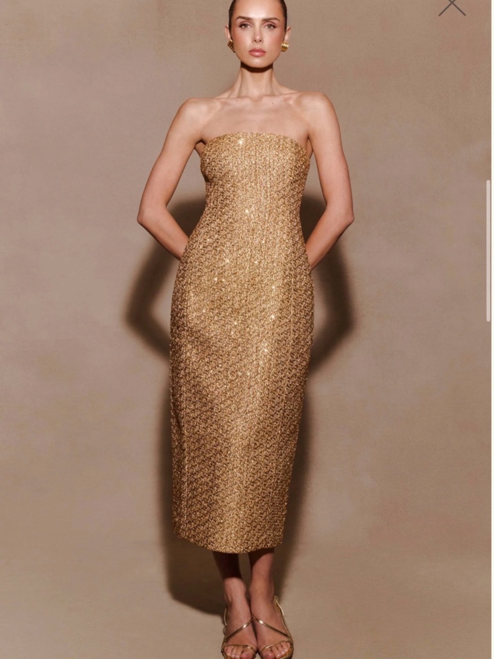 New Meshki Strapless Gold Sequin Midi Dress - Picture 5 of 7